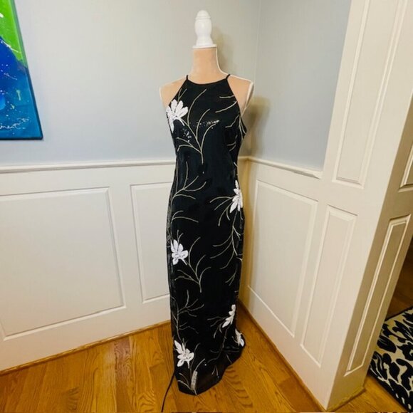 Badgley Mischka Belle Elegant Black Sequin Halter Neck Evening Gown 8 - Picture 6 of 8